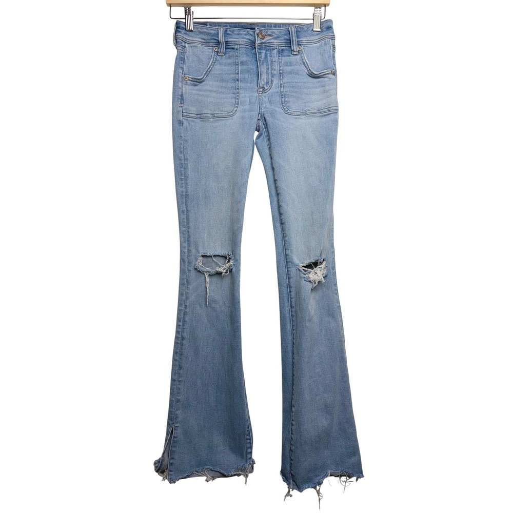 American Eagle Next Level Grunge 90s Flare Jeans Light Wash Distressed Raw Hem 0